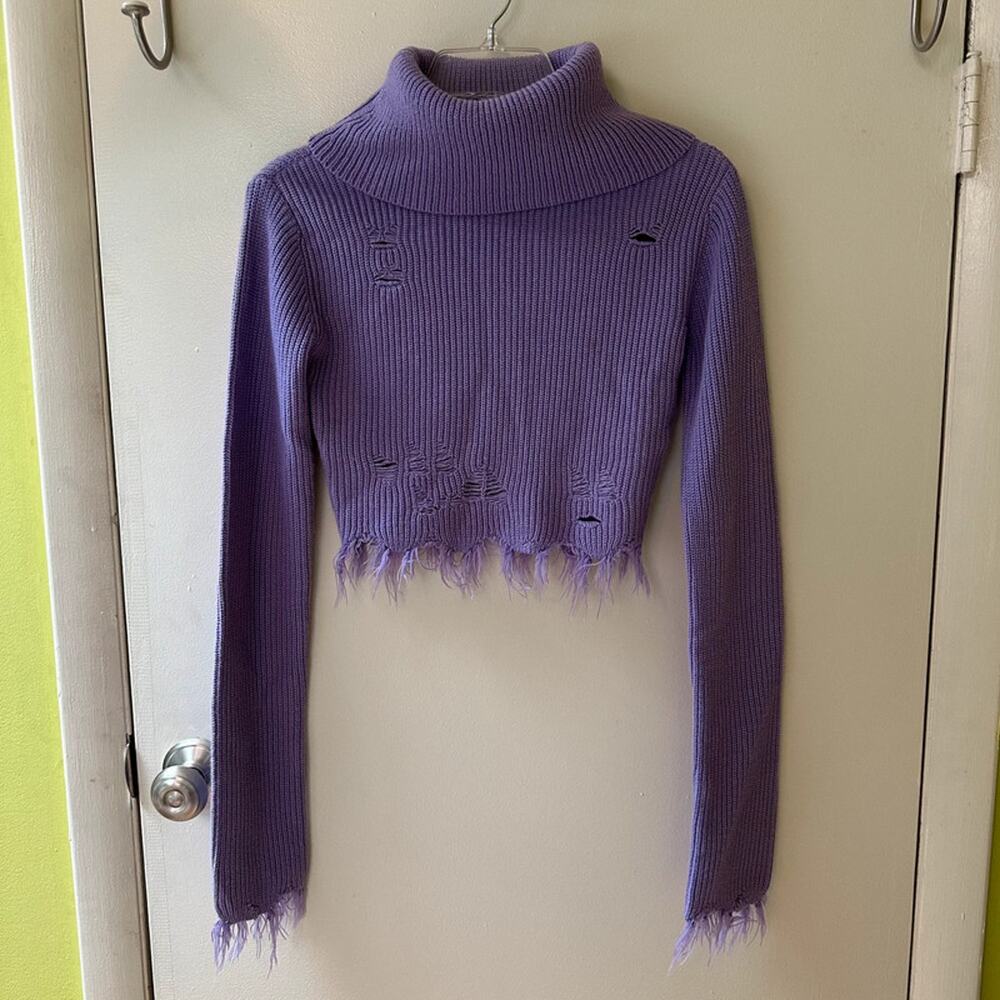 Signature 8 - distressed cropped purple turtleneck knit sweater